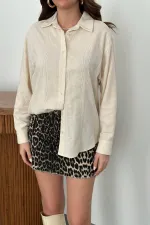 Toptan Bej Jakarlı Keten Gömlek