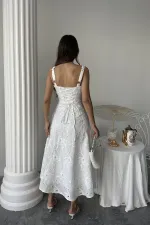 Toptan Beyaz Arkası Korse Detaylı Uzun Elbise