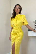 Robe en satin plissée jaune en gros