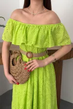 Wholesale Oil Green Elastic Shoulder Embroidered Dress