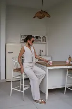 Costume en lin beige avec nœud sur le devant, vente en gros