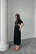 Toptan Siyah Balon Kol Kuşaklı Elbise