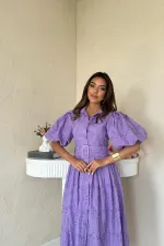 Robe plissée lilas à manches ballon en gros