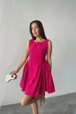 Robe mini-longue en lin froncé fuchsia en gros