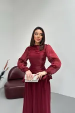 Toptan Bordo Büzgü Detaylı Manşeti Kuşaklı Elbise