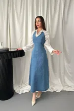 Toptan Mavi Boyundan Bağlamalı Kot Elbise