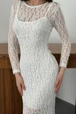 Toptan Beyaz Dantelli Uzun Kollu Elbise