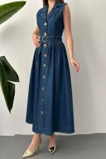 Toptan Mavi Uzun Kot Elbise