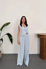 Ensemble gilet et pantalon asymétrique bleu ciel en gros