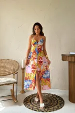 Toptan Mavi Sırt Dekolteli Keten Elbise