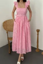 Toptan Pembe Dantelli Brode Elbise