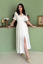 Toptan Beyaz Kruvaze Yaka Müslin Keten Elbise