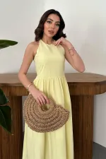 Toptan Sarı Arkası Gipeli Keten Elbise