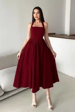 Robe en lin bordeaux à col licou en gros