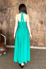 Toptan Yeşil Boyundan Bağlamalı Keten Elbise