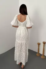 Toptan Beyaz Balon Kollu Fırfırlı Elbise