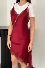 Toptan Bordo Dantelli Elbise