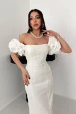 Toptan Ekru İşlemeli Kolu Garnili Elbise