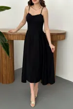 Toptan Siyah Göğüs Kuplu Uzun Büzgülü Elbise