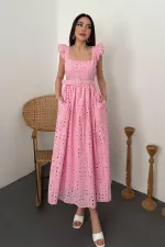 Toptan Pembe Dantelli Brode Elbise