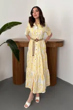 Wholesale Yellow Embroidered Lace-Up Sleeve Dress