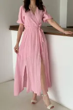 Toptan Pembe Kruvaze Yaka Müslin Keten Elbise