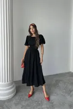 Toptan Siyah Balon Kol Kuşaklı Elbise