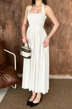 Robe en lin beige à col licou en gros