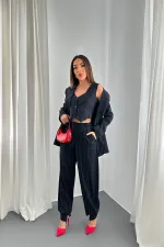 Toptan Lacivert Çizgili Üçlü Takım