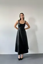 Toptan Siyah Askılı Deri Elbise