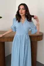 Robe longue en mousseline bleu ciel en gros