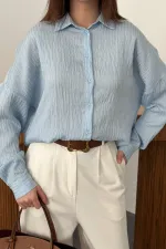 Toptan Bebe Mavi Nakışlı Oversize Gömlek