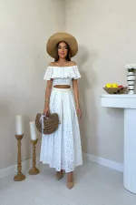 Wholesale White Gipel Blouse Skirt Set