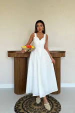 Toptan Ekru Dantel Detaylı Askılı Elbise