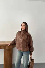 Toptan Kahverengi Düğmeli Deri Ceket