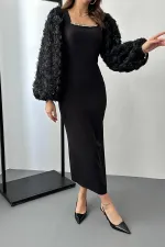 Toptan Siyah Kolları Çiçekli Atlas Elbise