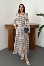 Wholesale Blue Pleated Plaid Dress