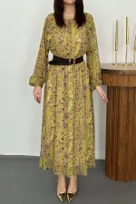 Toptan Yeşil Fırfırlı Şifon Elbise