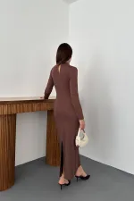 Toptan Kahverengi Beli Tokalı Elbise