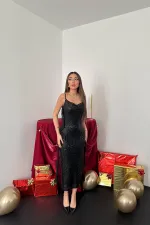 Wholesale Black Sequined Chiffon Ruffle Dress