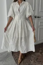 Toptan Ekru Pileli Balon Kol Elbise