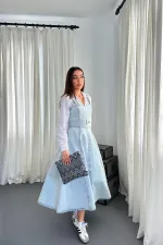 Toptan Kar Yıkama Midi Boy Bantlı Kot Elbise