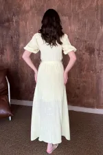 Toptan Sarı Kruvaze Yaka Müslin Keten Elbise