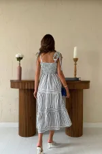 Toptan Lacivert Omuzdan Bağlamalı Çizgili Elbise