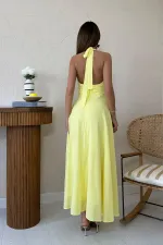 Toptan Sarı Askılı Keten Elbise