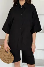 Ensemble chemise et short en lin noir à manches courtes en gros