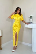 Robe en satin plissée jaune en gros