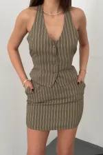 Toptan Haki Çizgili Yelek Ve Etek Takım