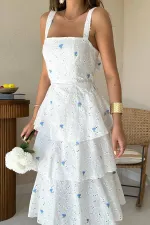 Toptan Mavi Kat Kat Arkası Bağlamalı Elbise