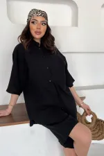 Ensemble chemise et short en lin noir à manches courtes en gros
